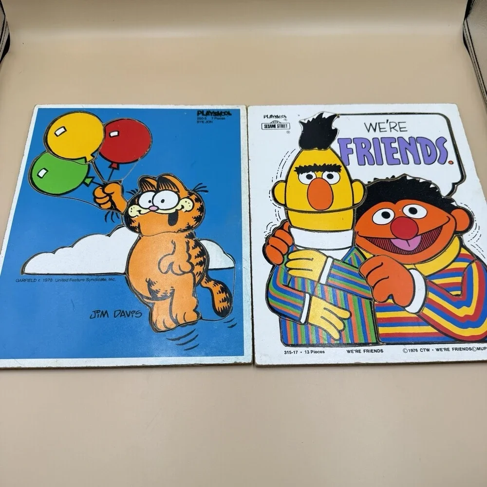 Playskool Wooden Puzzles Lot of 2 Garfield Bert & Ernie 1970s Retro Collectible